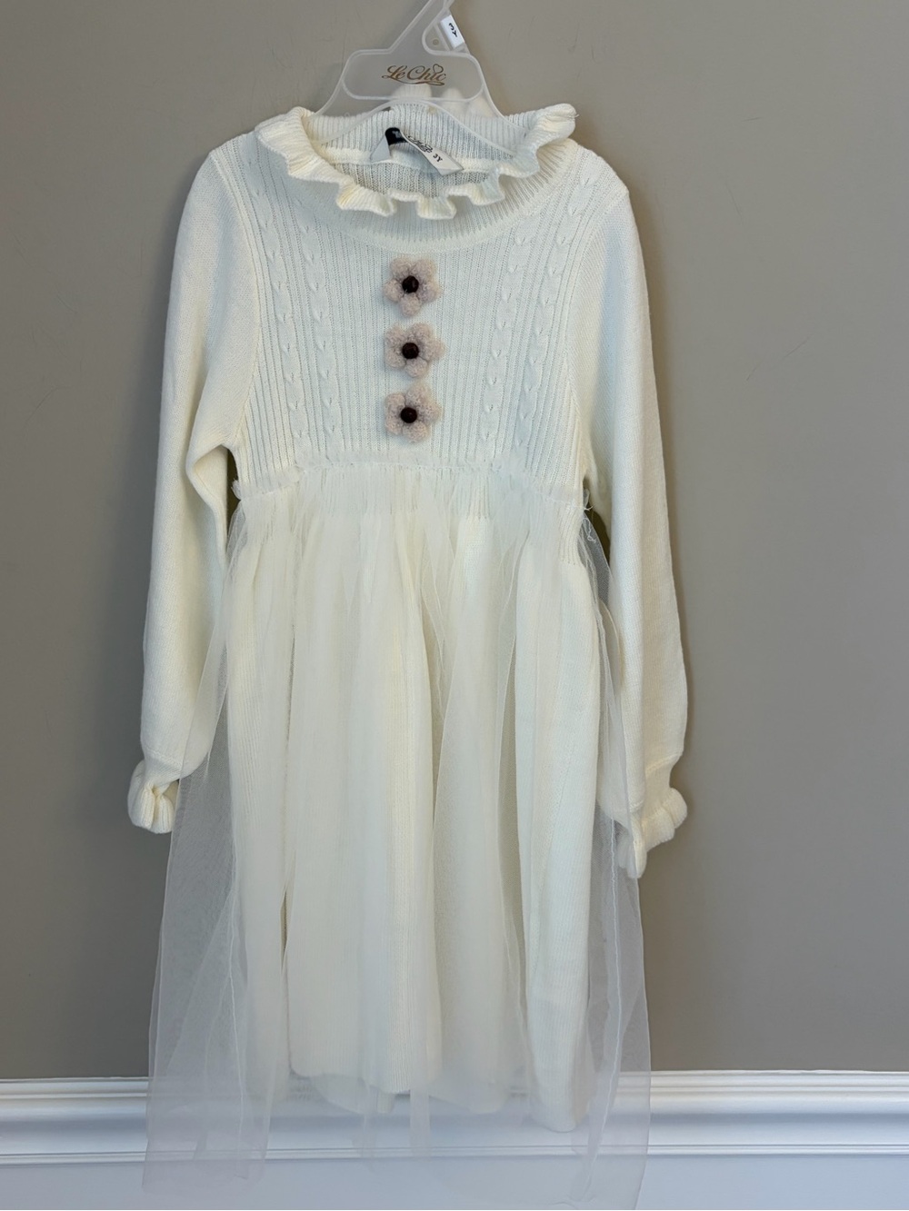 Le Chic Girls' Cream Knit Tulle Dress,3 YR, Special Occasion Holiday Wedding NWT
